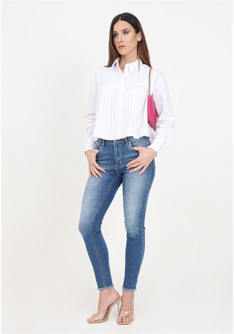 Women's skinny fit jeans with medium waist and raw cut hem, medium blue denim ONLY | 15293282Medium Blue Denim
